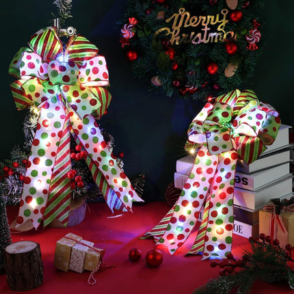2 Pack Lighted Large Christmas Bow for Wreath Decor, Red Green Christmas Tree Topper Bows, Red Green Glitter Dot Bows for Wreath, 20x12 Inch Decorative Bows Light (Red Green Christmas)
