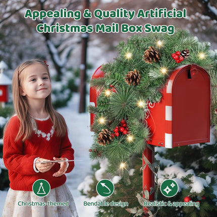 Pine Cone Mailbox Swag, 35’’ Christmas Mailbox Garland, Artificial Pine Cone Garland for Christmas Decor, Red Berry Mailbox Decoration Winter Swag for Holiday Party
