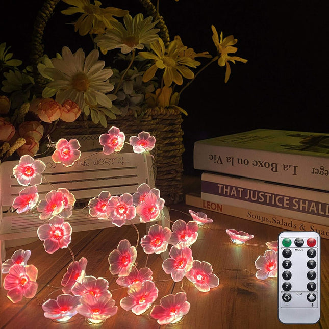 Pink Cherry Blossom Flower String Lights 40 LED 13FT Sakura Decorative Lights Battery Operated Light with Remote, Christmas Novelty Fairy Light for Girl Bedroom, Party, Garden