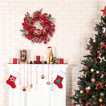 20 Inch Artificial Christmas Wreath, Decorated with Red Berries Pine Needles Red Christmas Ball for Indoor & Outdoor Christmas Decorations