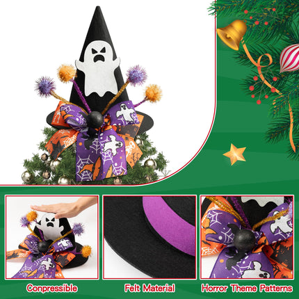 Zainpe Christmas Tree Topper Hat Ghost Pattern Black Felt Wizard Hat with Purple Orange Bow Adjustable Glitter Pom-poms Xmas Holiday Decoration Party Supplies for Indoor Outdoor Home