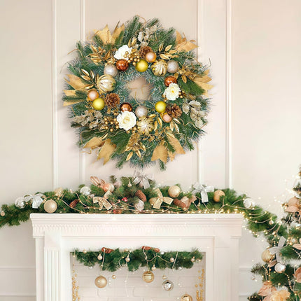 Christmas Wreaths for Front Door with Lights,24 inch Gold Large Christmas Wreaths Outdoor,Decorated with Christmas Ball,Pine Cones,Branches,Rose,Ribbon,Berry for Thanksgiving Fall Winter Decor