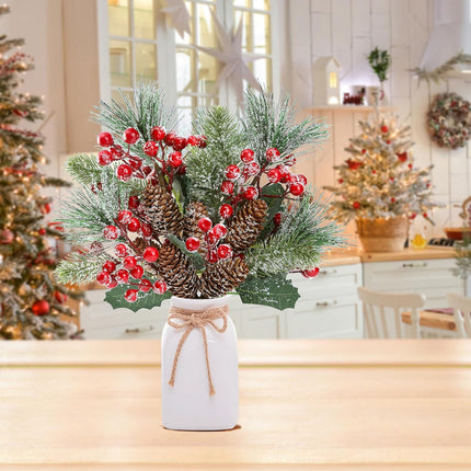 Sggvecsy 6 Pack Snow Frosted Christmas Berries Pine Picks Artificial Red Berry Pine Branches Frosted Faux Pine Stem with Pine Cones Holly Berry Leaves for Xmas Tree Wreath DIY Craft Holiday Decor