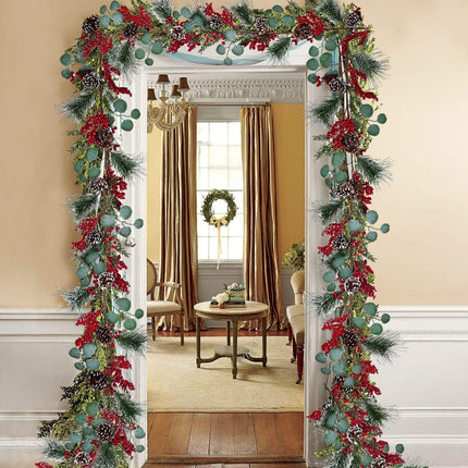 Artiflr 6Ft Berry Christmas Garland with Berries Pine Cones Spruce Eucalyptus Leaves Winter Pine Cones Garland for Holiday Season Mantel Fireplace Table Runner Centerpiece Decor