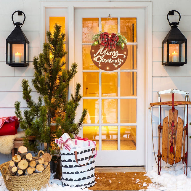 HOMCDALY Merry Christmas Sign for Front Door, Christmas Wooden Hanging Sign Door Decoration with 12 LED Light, Christmas Welcome Wreath indoor outdoor Décor, Christmas Decoration.