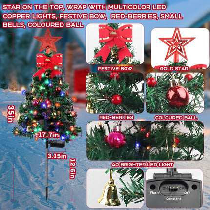 80LED Solar Christmas Tree Lights, 8 Modes Outdoor Christmas Tree Lights with Xmas Ball, Xmas Bell & Red Berry, Solar Powered Christmas Decorations for Outside Pathway Garden Yard Decor, 2PCS