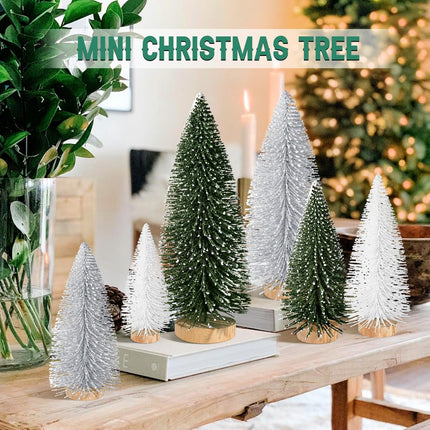 6pcs Mini Christmas Trees Christmas Decor, Artificial Christmas Mini Bottle Brush Trees Tabletop, Christmas Decoration Trees with 4 Size Xmas Holiday Decor (6pcs Green+Silver+White)
