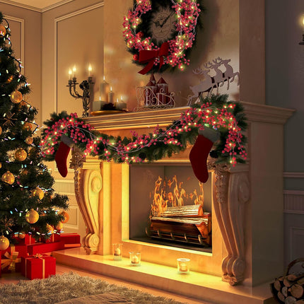 RECUTMS Artificial Berry Christmas Garland Faux Fireplace Garland Fake Hanging Garland with 30 LED Fairy String Lights Indoor Outdoor Wedding Arch Home Garden Party Fireplace Wall Decor (Red)