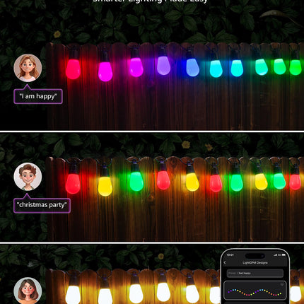 Lepro ZB1 AI Smart Outdoor String Lights APP Control, 54(42+12) ft RGB+IC+Warm White Outdoor Lights 15 LED Bulbs, Alexa Google Enabled, AI Generated Lighting LLM, NO Remote, 2.4 GHz WiFi+Bluetooth