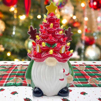 pinata Deer Ceramic Christmas Tree Gnomes, Christmas Kids Women s Lighted Small Christmas Tree Christmas Decorations Indoorhome Room Table Top, LED Farmhouse Reindeer Decor Figurine (Red Green)
