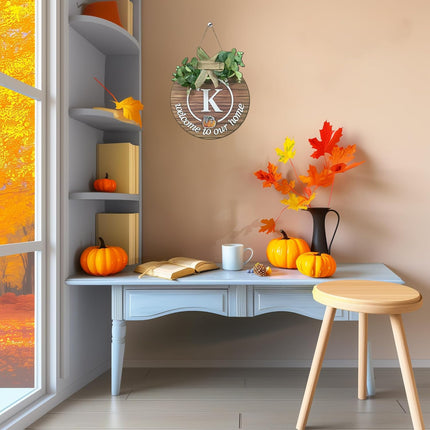 Initial Interchangeable Seasonal Welcome Sign for Front Door Last Name Letter K Front Door Wreath Rustic Home Decor with 15 Changeable Icons for All Seasons Holiday Fall Halloween Christmas Decor