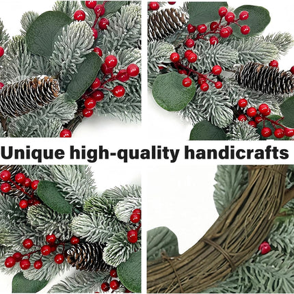Artificial Christmas Wreath 20 Inch Christmas Wreaths for Front Door Winter Wreath with Pine Needles Pine Cones Eucalyptus Leaves Red Berries for Xmas Doors Walls Fireplaces Winter Holidays