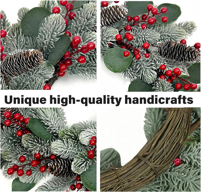 Artificial Christmas Wreath 20 Inch Christmas Wreaths for Front Door Winter Wreath with Pine Needles Pine Cones Eucalyptus Leaves Red Berries for Xmas Doors Walls Fireplaces Winter Holidays