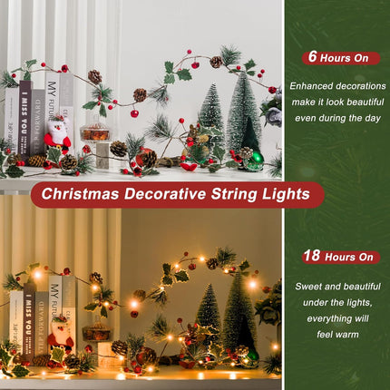 Crafare 6FT Christmas Garland Pine Cones String Lights with 20 LED Red Berry Pine Cone Garland Lights, led Garland String Lights for Christmas Home Decorations