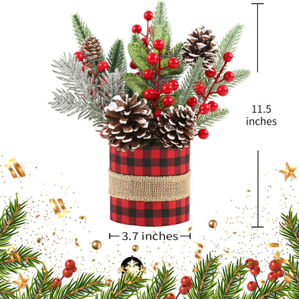 Small Tabletop Christmas Tree, Artificial Mini Christmas Tree Decorations with Pine Cones Red Berries and Green Plants, Suitable for Christmas Decorations Indoor Tables in Households