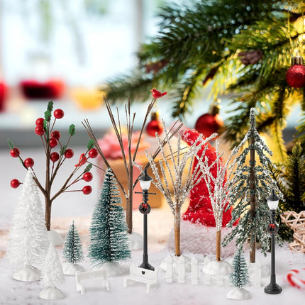 Haooryx 24pcs Mini Artificial Christmas Village Tree Accessories Miniature Pine Trees Park Bench Seat Snow Frost Trees Set Farmhouse Xmas Scene Figurines Decor Xmas Diy Crafts Village Collections