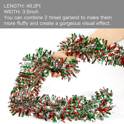 Sggvecsy 49.2Ft Christmas Green Red Silver Tinsel Garland Xmas Tree Decorations Christmas Metallic Twist Garland Ceiling Hanging Decorations for Year Party Birthday Holiday Indoor Outdoor Supplies