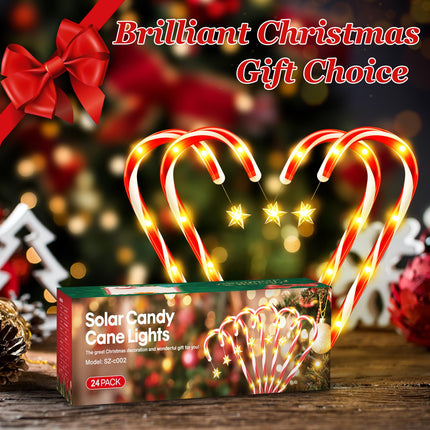24 Pack Christmas Decorations Outdoor, 56.5ft Long 10 Modes Solar Candy Cane Christmas Pathway Lights Outdoor, Solar Powered and USB Charging, Waterproof Outside Christmas Decorations for Yard Garden
