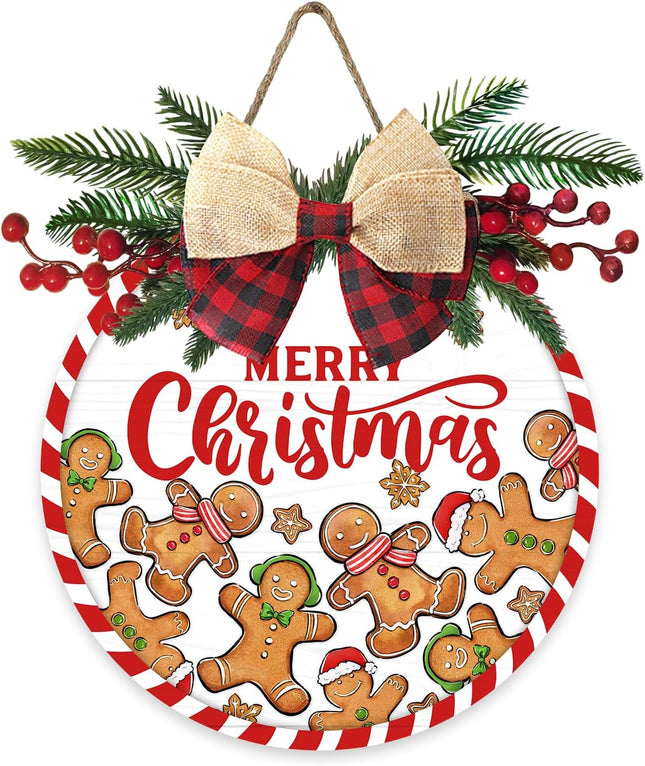 Deroro Merry Christmas Gingerbread Man Front Door Sign, Xmas Holiday Wood Door Hanger Outdoor Outside Porch Decor, Rustic Wooden Wreath with Plaid Bow Red Berry Indoor Wall Hanging Decoration