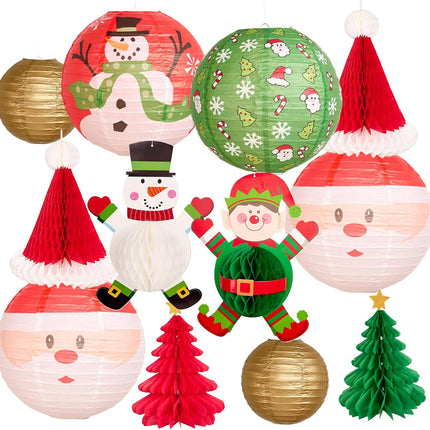 12Pc Gold Red Green Christmas Elf Paper Lantern Decoration Set, 3D Xmas Hat, Santa Claus, Snowman Tissue Paper Honeycomb, Indoor Outdoor Hanging Xmas Tree Star Garland Holiday Party Supply 12, 10, 8''