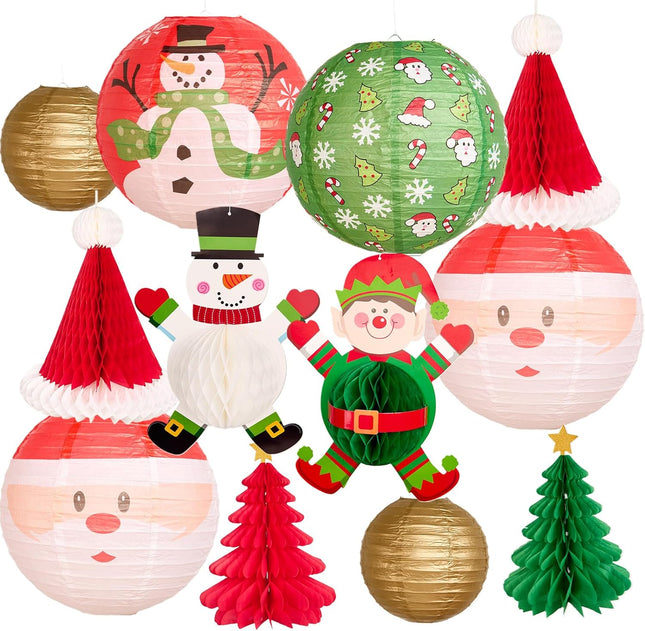 12Pc Gold Red Green Christmas Elf Paper Lantern Decoration Set, 3D Xmas Hat, Santa Claus, Snowman Tissue Paper Honeycomb, Indoor Outdoor Hanging Xmas Tree Star Garland Holiday Party Supply 12, 10, 8''