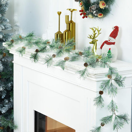 Hotop 9 ft Christmas Smokey Pine Garland Winter Snow Pine Cones Garland Green Artificial Greenery Garland for Table, Mantle, Wall, Indoor, Outdoor Christmas Decorations