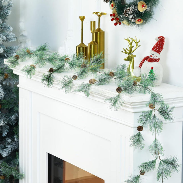 Hotop 9 ft Christmas Smokey Pine Garland Winter Snow Pine Cones Garland Green Artificial Greenery Garland for Table, Mantle, Wall, Indoor, Outdoor Christmas Decorations