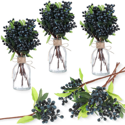 Yunsailing 30 Pcs Artificial Blue Berry Stems Bulk, 9.8 Inch Faux Berry Picks with Green Leaves, Fake Short Branch Fruit Flower for Christmas Tree Garland Home Wedding DIY Party Decoration(Blue)