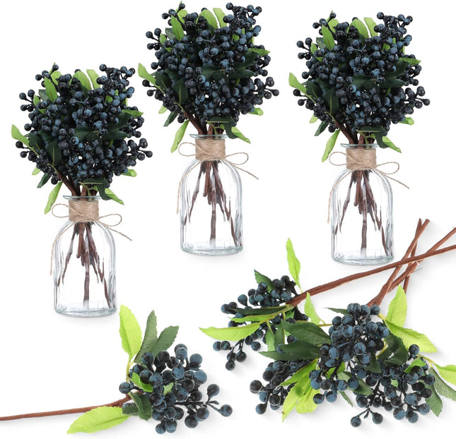 Yunsailing 30 Pcs Artificial Blue Berry Stems Bulk, 9.8 Inch Faux Berry Picks with Green Leaves, Fake Short Branch Fruit Flower for Christmas Tree Garland Home Wedding DIY Party Decoration(Blue)