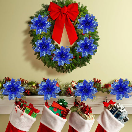 Poinsettia Christmas Flowers Decoration -12Pcs Artificial Red Gold Poinsettia Christmas Tree Ornaments Glittery for Xmas Year Wedding Party Wreath DIY Garland Decor (Royal Blue)