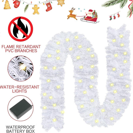 CCINEE 9FT Prelit Artificial Christmas Garland, White Xmas Garland Battery Operated with 50 Warm LED Lights Lighted Christmas Garland for Mantle Fireplace Stairs Indoor Outdoor Decoration