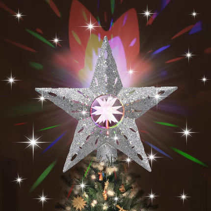 Christmas Tree Topper Lighted Star, Christmas Tree Decorations Topper LED Projection Light, 3D Glitter Dynamic Projection for Xmas Party Holiday Decorations (Silver)