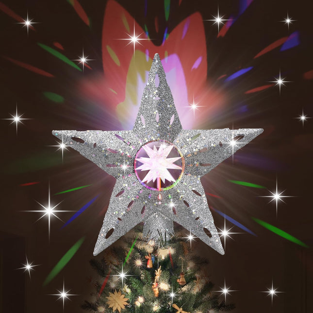 Christmas Tree Topper Lighted Star, Christmas Tree Decorations Topper LED Projection Light, 3D Glitter Dynamic Projection for Xmas Party Holiday Decorations (Silver)