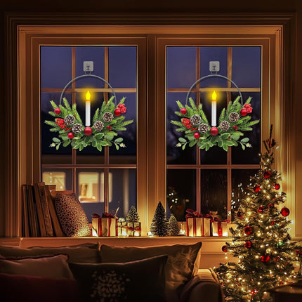 TURNMEON 2 Pack 15'' Christmas Wreaths for Front Door with LED Candles Timer Remote & Xmas Ball Pinecones Red Berries Decor, Battery Operated Lighted Xmas Wreath Decorations for Window Porch Holiday
