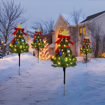 Solar Christmas Tree Pathway Lights Outdoor, Set of 4 Solar Christmas Tree Stake Lights, 80 Outdoor LEDs Xmas Pathway Lights, Garden Stake Lights Decor DIY Xmas Tree (Warm White)