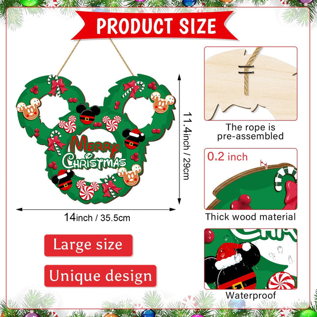 Christmas Mouse Door Sign Decorations, Merry Christmas Wooden Door Hanging Sign Wreath Ornaments for Front Door Decor Peppermint Candy Mouse Shaped Winter Wall Xmas Party Holiday Supplies Green