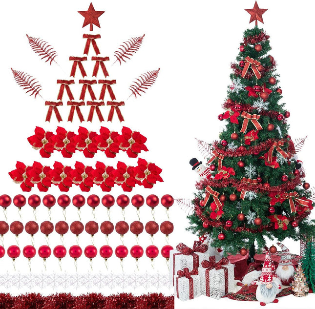 Sunnyglade 94 PCS Christmas Tree Ornaments Set with Glitter Poinsettia, Bows, Ribbons, Leaves & Assorted Decoration Ball for Xmas Tree Holiday Wedding Party Decorations (Red)