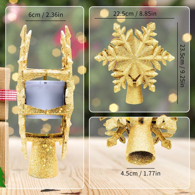 Christmas Tree Topper Lighted, Rotating Snowflake Pattern Projector, 3D Hollow Glitter Lighted Snow Tree Topper for Xmas Party Holiday Christmas Tree Decorations(Gold Snow)