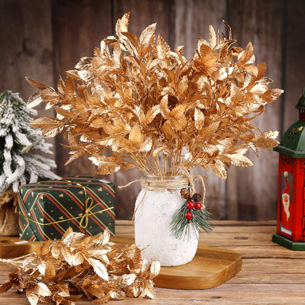 12 Packs Gold Leaves Artificial Plants for Christmas Decoration, Plastic Grass Fake Shrubs Simulation Leaves Golden Flowers Home Indoor Outdoor DIY Planter Vase Filler Garden Wedding Xmas Decoration