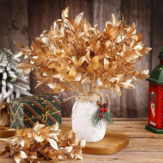 12 Packs Gold Leaves Artificial Plants for Christmas Decoration, Plastic Grass Fake Shrubs Simulation Leaves Golden Flowers Home Indoor Outdoor DIY Planter Vase Filler Garden Wedding Xmas Decoration