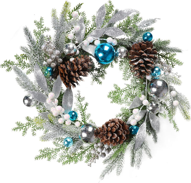 Christmas Wreath for Front Door, Heflashor 17'' Blue Xmas Wreath with Christmas Balls, Pine Core Artificial Holiday Winter Small Wreaths for Indoor Outdoor