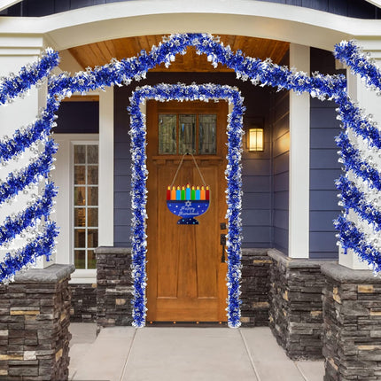 TURNMEON 33 Ft by 6 Inch Hanukkah Tinsel Garland Hanukkah Decorations with Star of David Silver Ornaments Blue Metallic Streamers Hanukkah Decoration Home Indoor Outdoor Chanukah Party Supplies