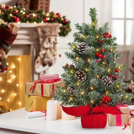 22 Inch Tabletop Christmas Tree with Lights Timer, Snowy Artificial Small Christmas Trees Battery Operated 30 Warm Lights Red Berries Pine Cone Stable Base Mini Tree Xmas Decorations Indoor Holiday