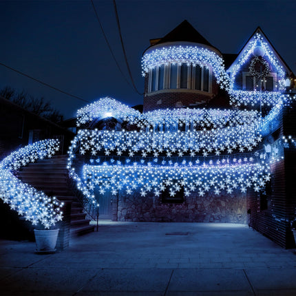 Retisee 600 LED 49.21ft Christmas Snowflake Solar Icicle Lights Outdoor Decoration Waterproof Cold White Light Fairy String LED Light with 96 Drops 8 Lighting Modes with Timer Memory Winter Holiday