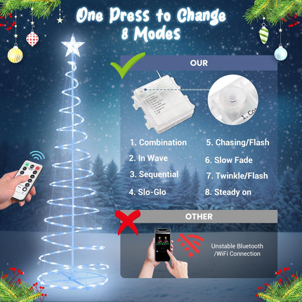 Yescom Twinkle 6Ft Spiral Christmas Tree Light 182 Pre-Lit LED 8 Model for Indoor Outdoor Patio Garden Pathway Holiday Party Event Xmas Night Decor Water Resistant with Star Topper Metal Stakes White