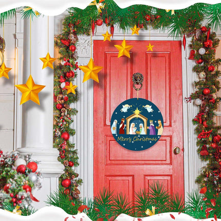 Nativity Scene Wooden Door Decor Merry Christmas Wreath Sign Holy Nativity Wreath Religious Nativity Door Decoration Christmas Farmhouse Wall Hanging Decorations with Rope for Home