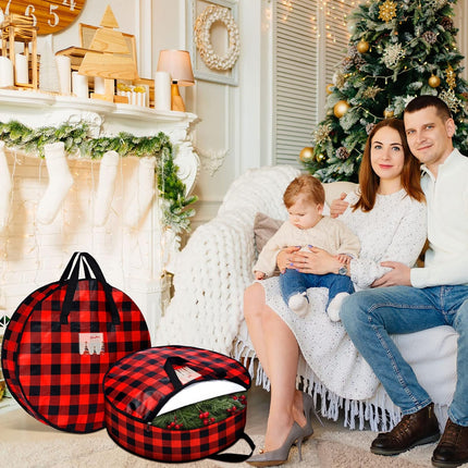 4 Pcs Christmas Wreath Storage Bag 24 Inch 30 Inch Large Buffalo Plaid Wreaths Storage Container Zippered Wreaths Holder with Handles for Xmas Holiday Party Seasonal Storage Wrapping(Black and Red)