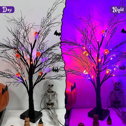 24Inch Black Halloween Spooky Tree with Purple & Orange Lights,Lighted up Halloween Decorations,Halloween Tabletop Decor with Pumpkin & Bat Ornaments for Indoor Home Party Deco