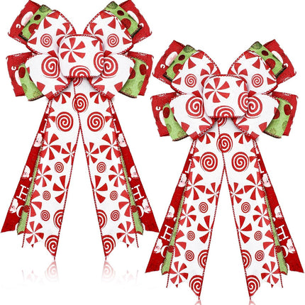 Hotop 2 Pcs Christmas Bow Wreath Bow Xmas Sweet Candy Wreath Burlap Bow Winter Door Wall Decor Red and Green Christmas Tree Topper for Indoor Outdoor Xmas Party Decoration, 18 x 10 Inch