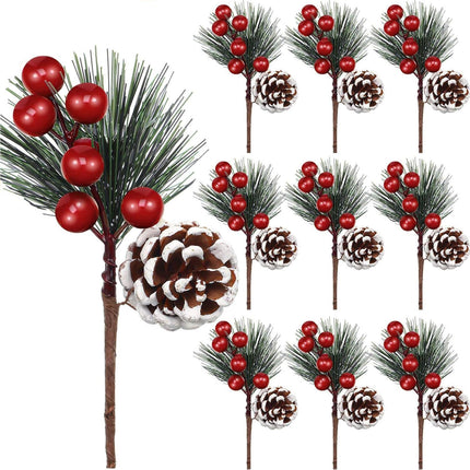 Artificial Pine Pick Artificial Pine Tree Decorations Fake Pinecone Red Berries Branches for Christmas Flower Arrangements Wreaths and Holiday Decorations (20 Pieces)